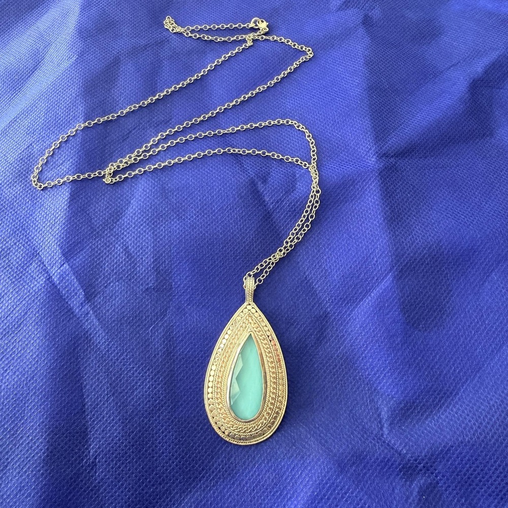 Anna Beck Sterling Silver 925 Aqua Gemstone Teardrop Dot Pendant Necklace 30"